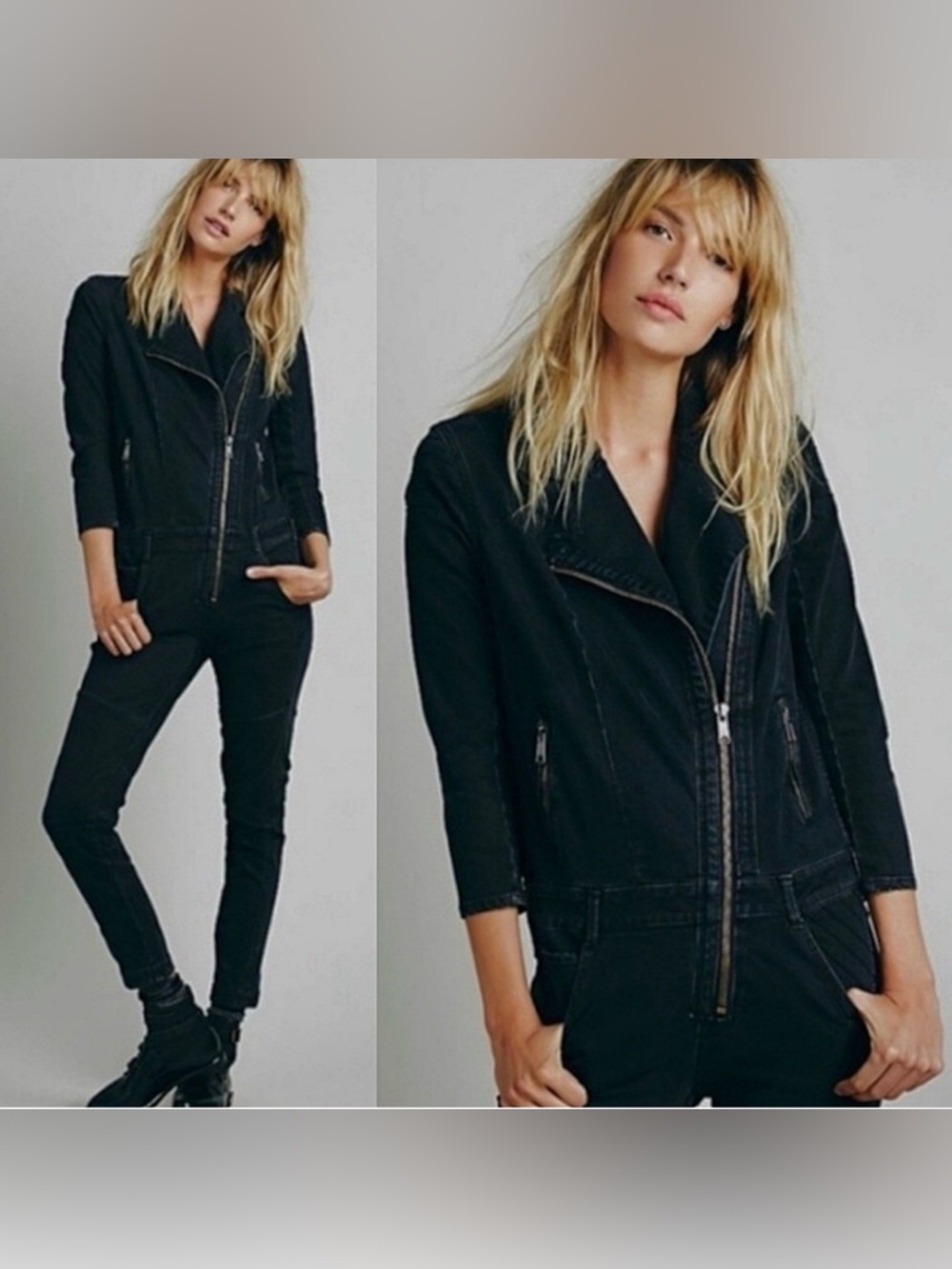 Free People Denim Moto Biker Jumpsuit in Dark Wash Blue